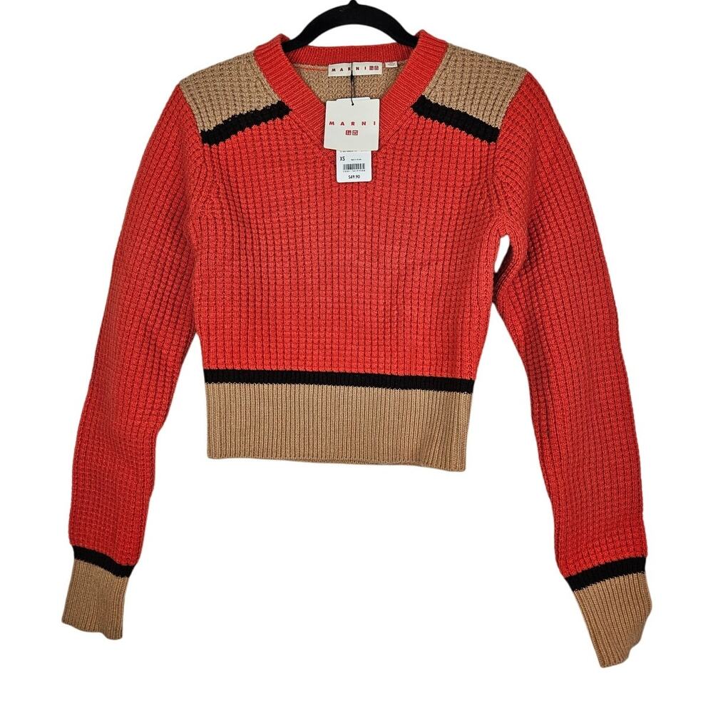 NEW Marni Uniqlo XS Burnt Orange Wool Blend Sweater Color Block Pullover